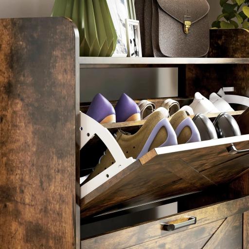 Zapatero Estrecho de 3 Cajones Abatibles para 24 Pares Diseño Rústico con Puertas de Granero 80x24x118 cm Marrón [7]