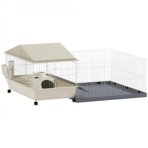 Jaula para Animales Pequeños con Corral Desmontable Cuenco Botella de Agua y Dispensador de Heno 108x71x57 cm Beige [8]
