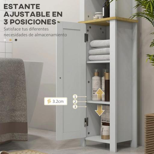 Columna de Baño Armario de Baño con Estantes Abiertos Puerta y Estante Ajustable Diseño Anti-vuelco 34x23x165 cm Blanco [6]