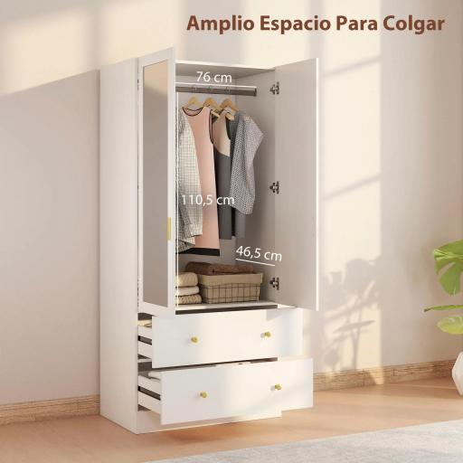 Armario Dormitorio 2 Puertas y 2 Cajones Armario Ropero con Espejo Barra para Colgar 80x50x180 cm Blanco [7]