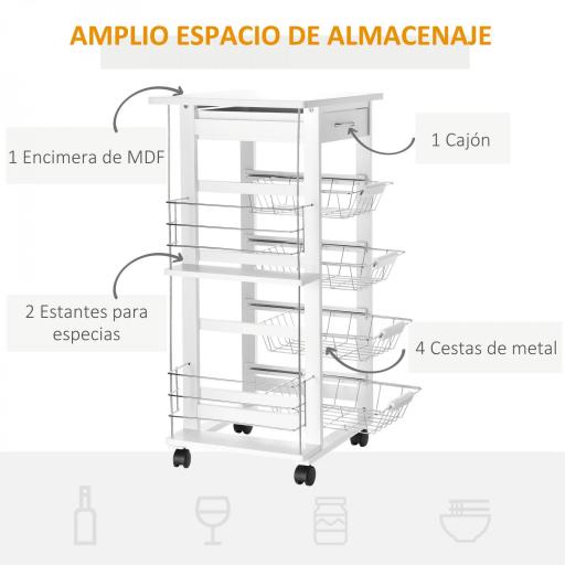 Carrito de Cocina con Ruedas Carro Multiusos con Cajón 4 Cestas Extraíbles de Metal y Bastidores 47x37x83 cm Blanco [2]