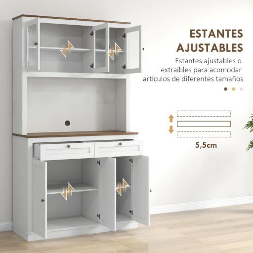 Armario de Cocina con 3 Puertas de Vidrio Compartimento Abierto 2 Cajones y Estantes Ajustables 100x40x180 cm Blanco [5]