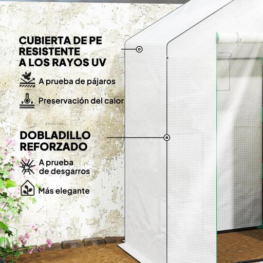 Invernadero de Exterior con 6 Estantes Puerta Enrollable Cubierta de PE y Marco de Acero 143x74x190 cm Blanco [4]
