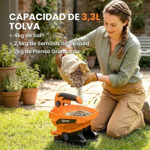 Esparcidor Portátil 3,3 L 8 Niveles de Flujo Ancho Dispersión Ajustable Puerto USB para Césped Sal hasta 800 m² Naranja [3]