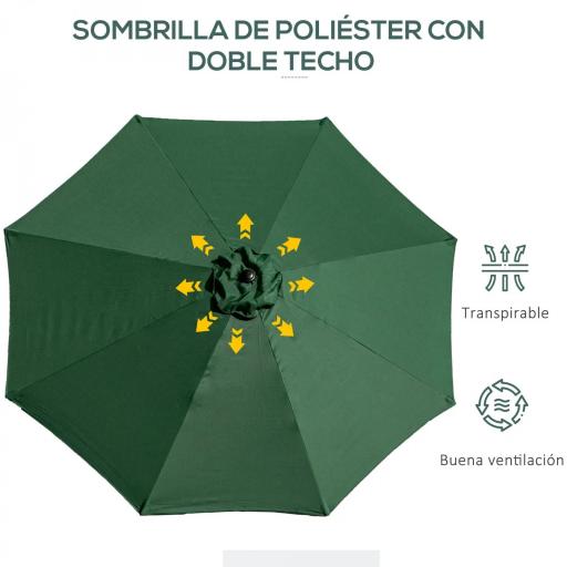 Sombrilla de Jardín Ø295x250 cm con Manivela Parasol Exterior con Mecanismo de Inclinación y Poste Desmontable de Metal para Terraza Piscina Patio Verde [4]