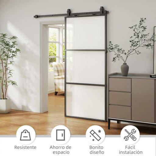 Puerta Corredera de Cristal con Herrajes Mecanismo Cierre Suave para Baño Salón 91,4x203,2 cm Negro [3]