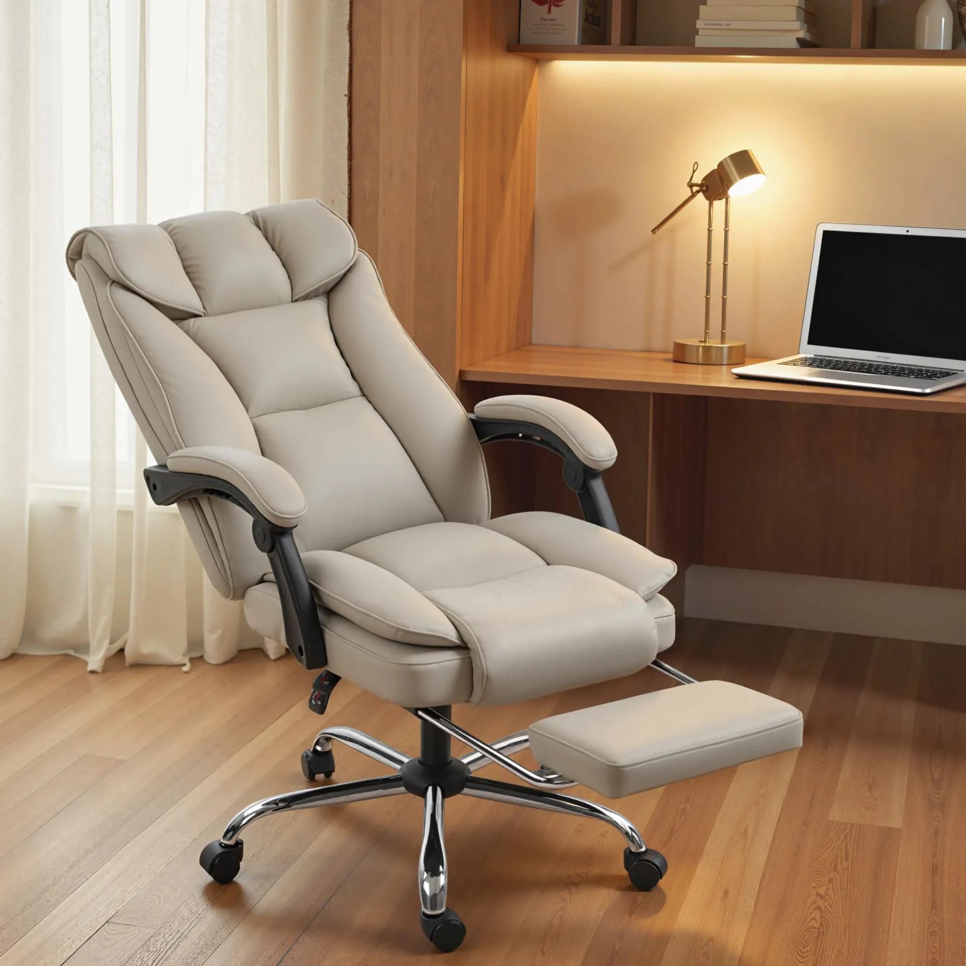Silla de Escritorio con Reposapiés Respaldo Reclinable Acolchado Grueso Tapizada en Cuero Sintético Caqui