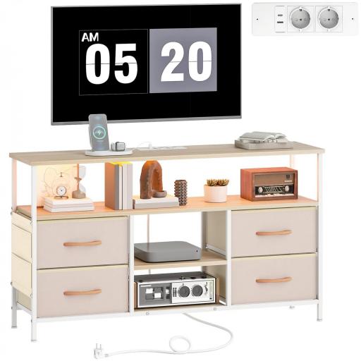 Mueble de TV con Luz LED y Enchufes Puertos USB Estantes Abiertos 4 Cajones plegables 120x30x67,5 cm Beige y Blanco [8]