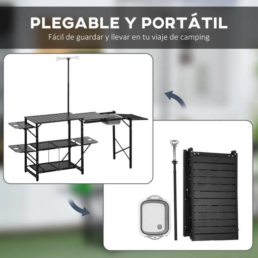 Mesa de Camping Plegable con Fregadero Soporte para Lámpara y Estantes para Barbacoas Picnics y Viajes 173x52x80-174cm [4]