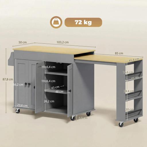 Isla de Cocina con Ruedas Encimera Extensible 4 Puertas Estantes Ajustables Especiero y Soporte para Toallas Gris [1]