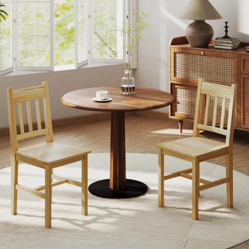 Juego de 2 Sillas de Comedor de Madera Sillas de Cocina con Respaldo de Listones, Asiento Amplio Madera Natural