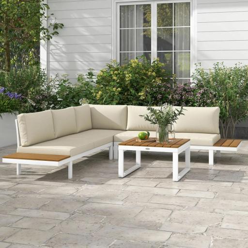 Juego de Muebles de Terraza Incluye 2 Sofás Dobles 1 Sofá Esquinero Reclinable y Mesa de Centro con Cojines Crema [0]