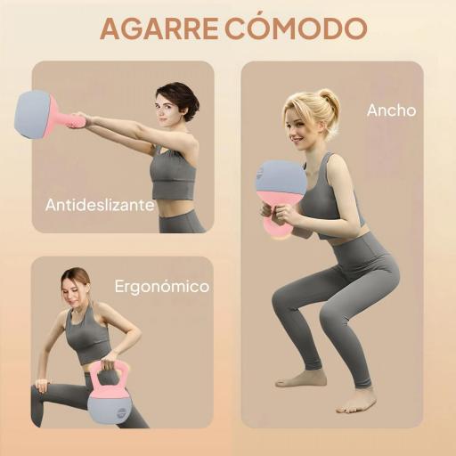 Pesa Rusa 12 kg Kettlebell Relleno de Arena Metálica Mango Antideslizante para Entreno en Casa 21x21x30 cm Rosa y Grisq [4]
