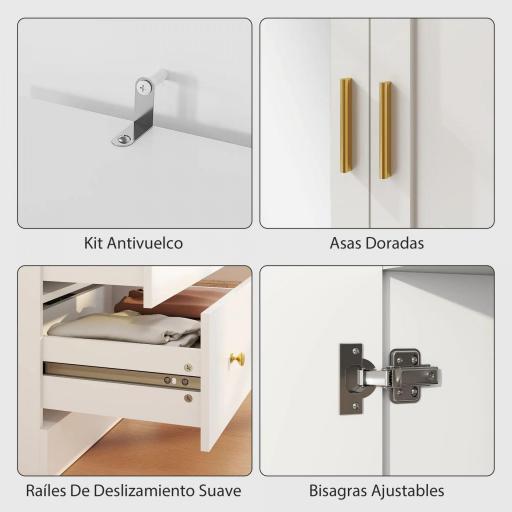 Armario Dormitorio 2 Puertas y 2 Cajones Armario Ropero con Espejo Barra para Colgar 80x50x180 cm Blanco [3]