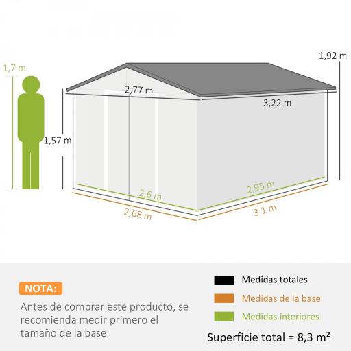 Cobertizo de Jardín 8,3 m² 277x322x192 cm con 2 Puertas Corredizas Base Refuerzo (Suelo NO Incluido) Gris [1]