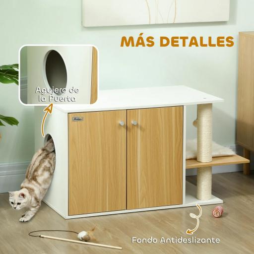 Mueble Arenero para Gatos con Centro de Juegos Cojín Pelota Puerta Lateral y Patas Antideslizantes 94x48x50,5cm Blanco [4]