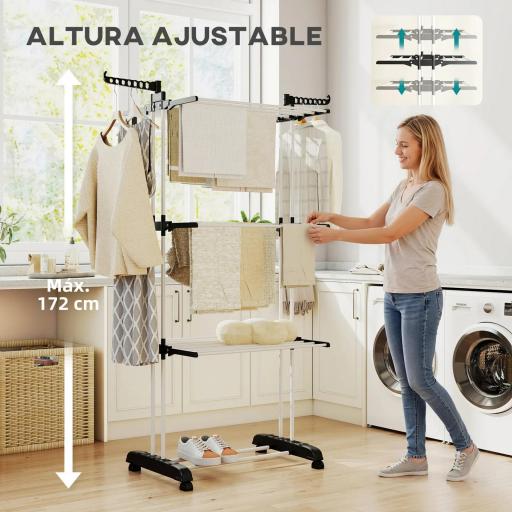 Tendedero de Ropa Plegable con Ruedas 3 Niveles con Alas Plegables y Colgadores 73x64x172 cm Negro y Blanco [6]