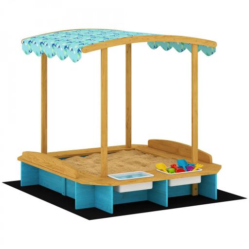 Arenero para Niños de Madera con Techo 3 Bancos 2 Cajas de PP Forro para Niños de 3-6 Años 128x118x121 cm Azul [9]