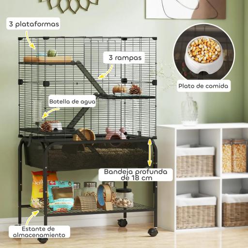 Jaula para Animales Pequeños de 4 Niveles con Ruedas Bandeja Profunda Rampas Plataformas y Comedero 73x47x123 cm Negro [2]