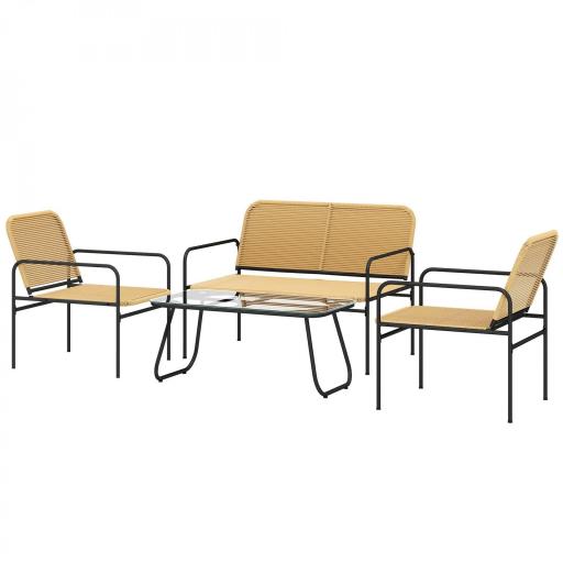 Conjunto de Muebles Jardín Exterior de Ratán de 4 Piezas con Sofá Sillones y Mesa de Tablero de Vidrio Natural [6]
