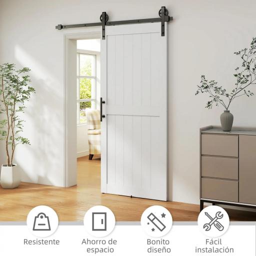 Puerta Corredera de Granero con Herrajes Manija Rodillo y Guía de Suelo Mejorados para Baño Salón 91,5x213,4 cm Blanco [8]