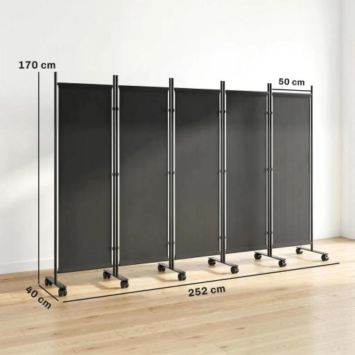 Biombo Plegable de 5 Paneles con 12 Ruedas 252x170 cm Biombo Separador de Ambientes Modulable Negro [1]