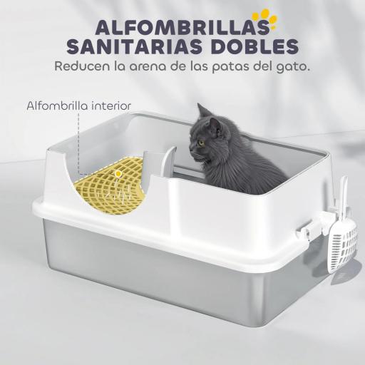 Arenero para Gatos Cubierto con Bandeja de Acero Inoxidable Tapa Extraíble Bordes Altos Fácil de Limpiar Blanco [7]