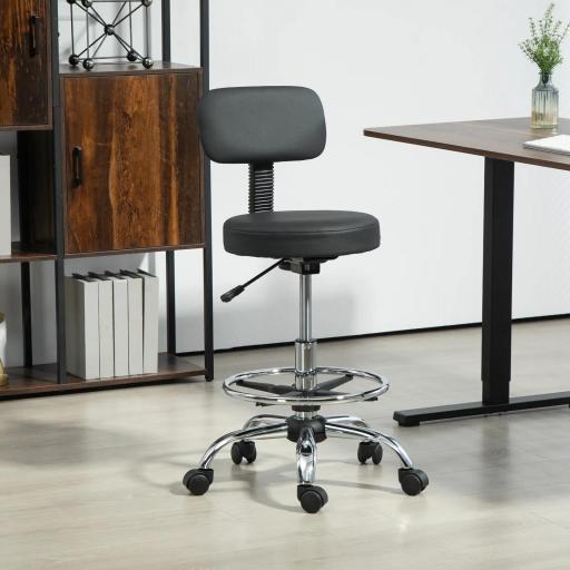 Silla de Oficina, Sillón Giratorio Compacto, Ajustable en Altura, con Reposapiés, Giro de 360°, Cuero Sintético, Metal, Negro
