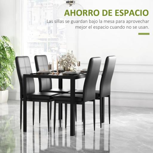 Conjunto de Comedor de Mesa y 4 Sillas 5 Piezas Mesa Rectangular de Vidrio Templado y Sillas Tapizadas en PU Negro [4]