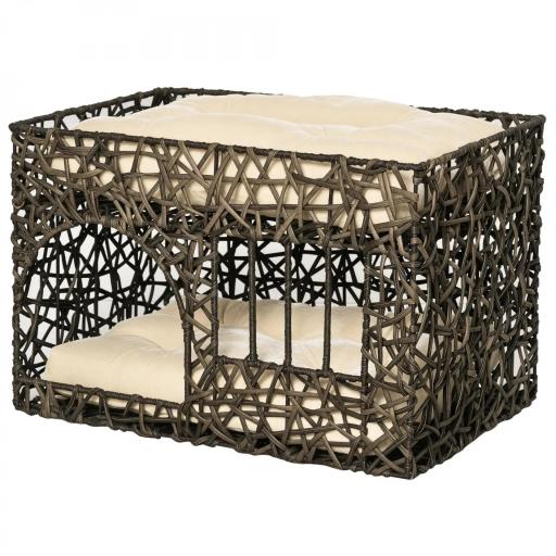 Cesta de Ratán para Gatos de 2 Alturas Cama Cueva de Gatos con 2 Cojines Suaves y Ventana 56x41x45 cm Café Oscuro [1]