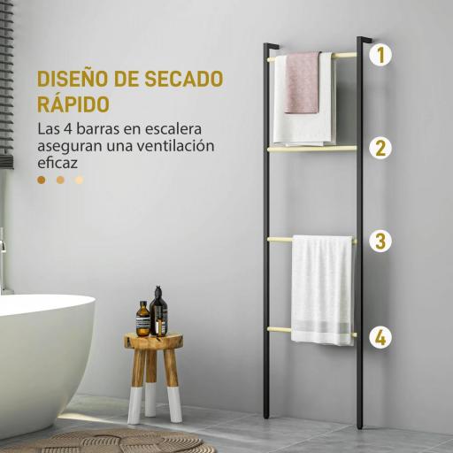 Toallero Apoyado en la Pared Toallero de Baño con 4 Barras de Bambú y Marco de Acero 49x5,5x167,5 cm Negro y Natural [6]