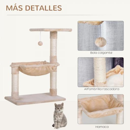 Árbol Rascador para Gatos Centro de Actividad Plataforma Caseta Postes de Sisal Hamaca Bola 50x36x70 cm Beige [3]