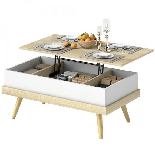 Mesa de Centro Elevable con 3 Compartimientos de Almacenaje Ocultos y Patas de Madera 100x79x54 cm Natural y Blanco [8]