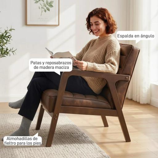 Butaca de Salón Tapizado en PU con Marco de Madera Maciza Asiento Acolchado para Sala de Estar Dormitorio Marrón [3]