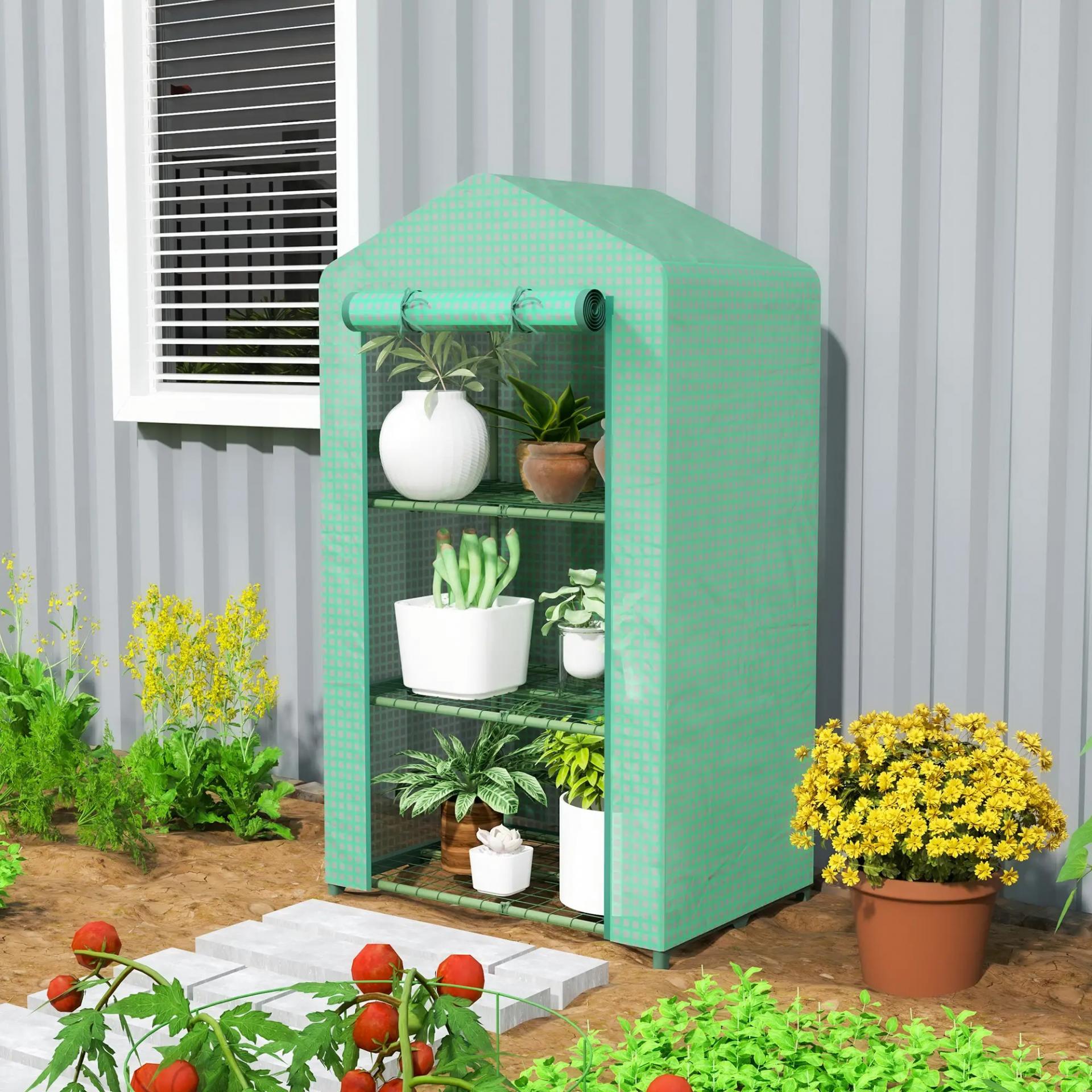 Invernadero de Jardín de 3 Niveles Puerta Enrollable Marco de Metal Cubierta de PE Anti-UV 69x49x125 cm Verde