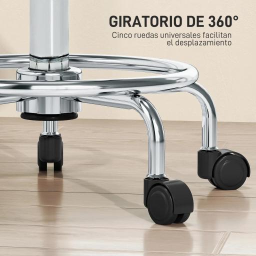 Taburete Giratorio Ajustable Con Asiento Acolchado Reposapiés y Ruedas para Salones y Talleres 34x34x50-66 cm Blanco [5]