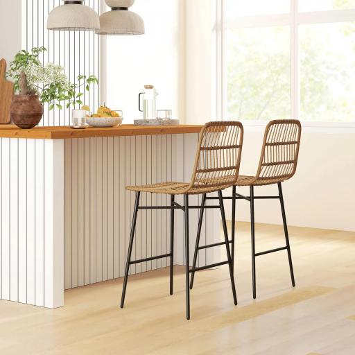 Conjunto de 2 Taburetes Altos de Cocina Taburetes de Bar con Respaldo y Asiento de Ratán para Bar Cocina Comedor Marrón