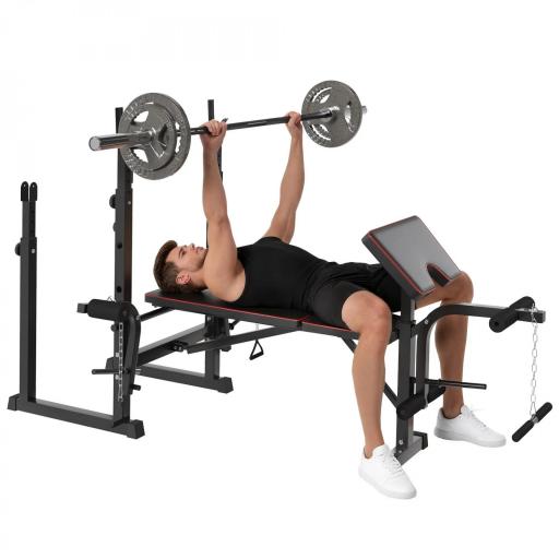 Banco de Pesas con Soportes para Barra y Respaldo Ajustable para Entrenamiento Completos de Cuerpo Negro [8]