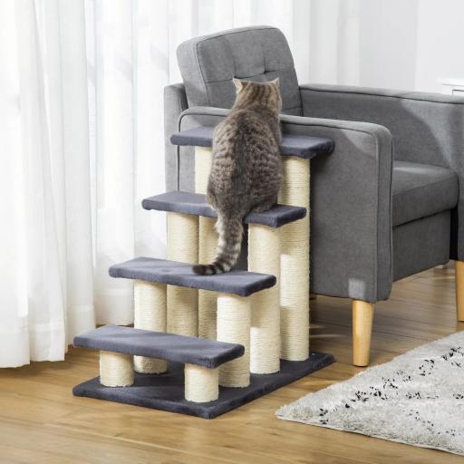 Escalera para Mascotas 60x42x61 cm Escalera para Gatos Perros Mayores Enfermos Pequeños Cubierta Suave de Peluche Rascador de Sisal Estable 4 Pasos Gris