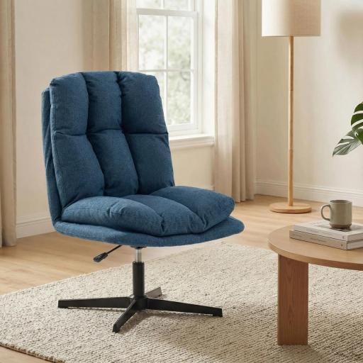 Butaca de Salón Giratorio 360° Altura Ajustable Asiento Ancho Tapizado en Lino Base de Metal Azul Oscuro [7]