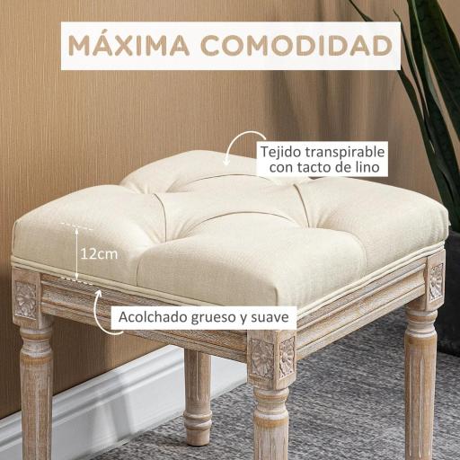 Reposapiés de Salón con Asiento Capitoné y Patas Talladas de Madera Estilo Vintage para Dormitorio 40x40x43 cm Beige [5]