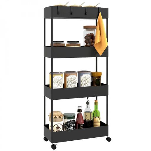 Carro de Cocina de 4 Niveles Carrito Auxiliar con Ruedas 4 Cestas y 4 Ganchos Extraíbles para Salón 40x19x90 cm Negro [8]