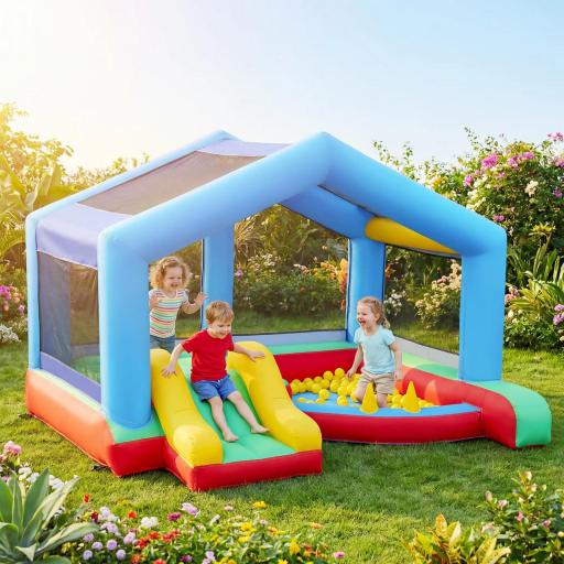 Castillo Hinchable para Niños con Soplador Tobogán Cama Elástica Piscina de Pelotas Juego de Aros Toldo