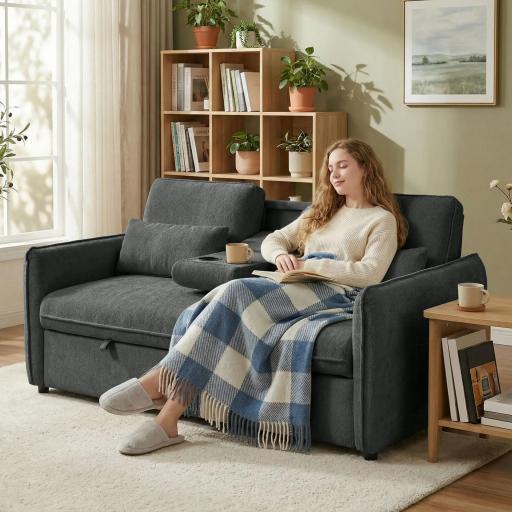 Sofá Cama 2 Plazas 3 en 1 con Mesa Auxiliar Portavasos Respaldo Ajustable Bolsillos Laterales 2 Almohadas Gris Oscuro