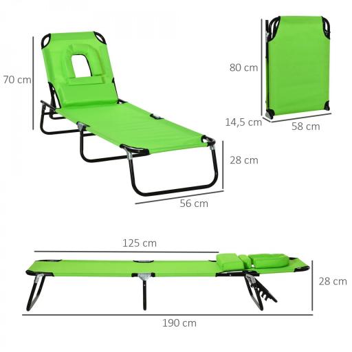 Tumbona Plegable con Respaldo Regulable en 4 Posiciones Tumbona de Jardín con Orificio de Lectura Almohada Marco Metálico y Tela Oxford para Playa Terraza Carga 120 kg 190x56x28 cm Verde [1]