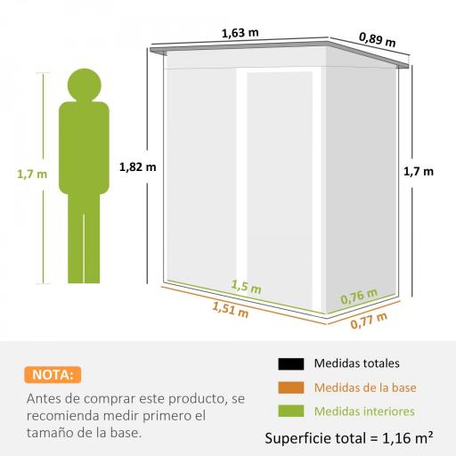 Cobertizo de Jardín Exterior 1,16 m² 163x89x182 cm Caseta Metálica con Puerta Corredera y Techo Inclinado Verde [1]