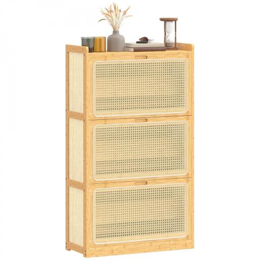 Zapatero Estrecho de Bambú con 3 Cajones Abatibles de Ratán para 18-21 Pares de Zapatos 69x29x119,8 cm Natural [8]