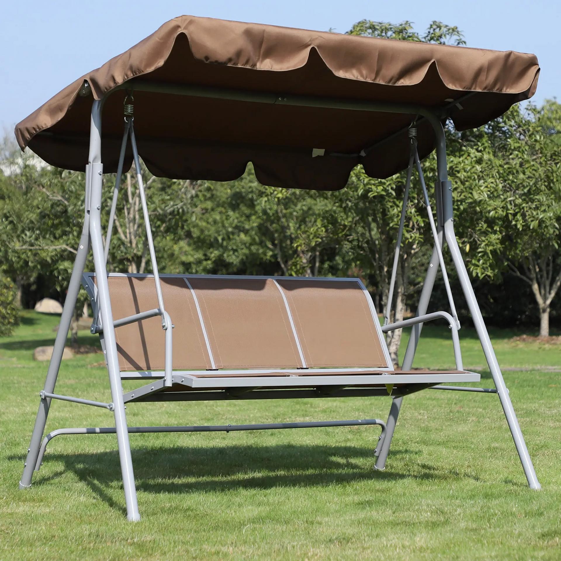 Columpio Jardín Exterior Balancín Jardín Exterior de 3 Plazas con Toldo Ajustable Respaldo Transpirable y Marco de Metal para Terraza Balcón Carga 240 kg 171x108x150 cm Marrón