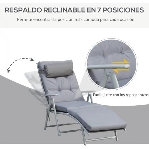 Tumbona Plegable de Jardín con Respaldo Ajustable en 7 Posiciones Cojín Cuerpo Entero y Cabeza 137x63,5x100,5 cm Gris [4]