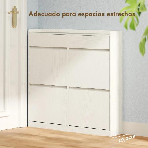 Zapatero Estrecho con 2 Cajones 4 Compartimentos Abatibles y Encimera para 8 Pares 98x19,2x95,3 cm Blanco Veteado [6]